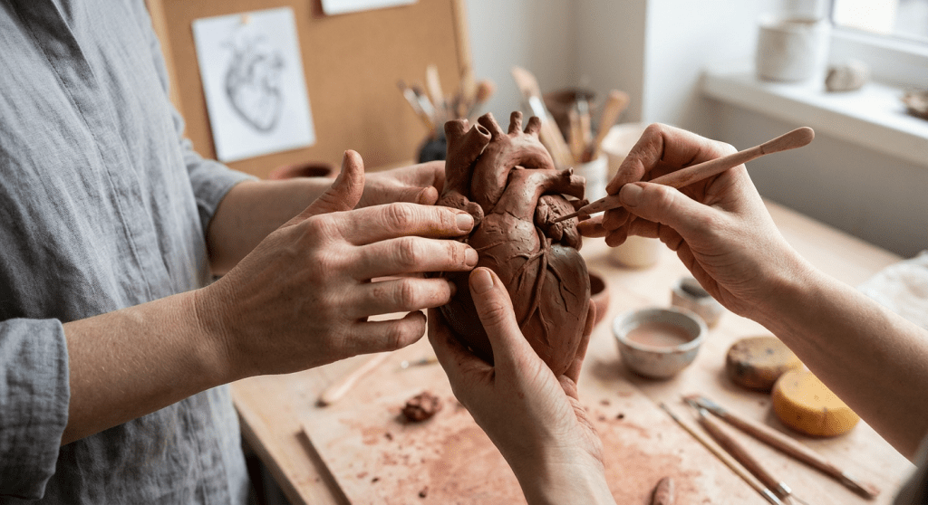 Hands shaping a clay anatomical heart model with sculpting tools